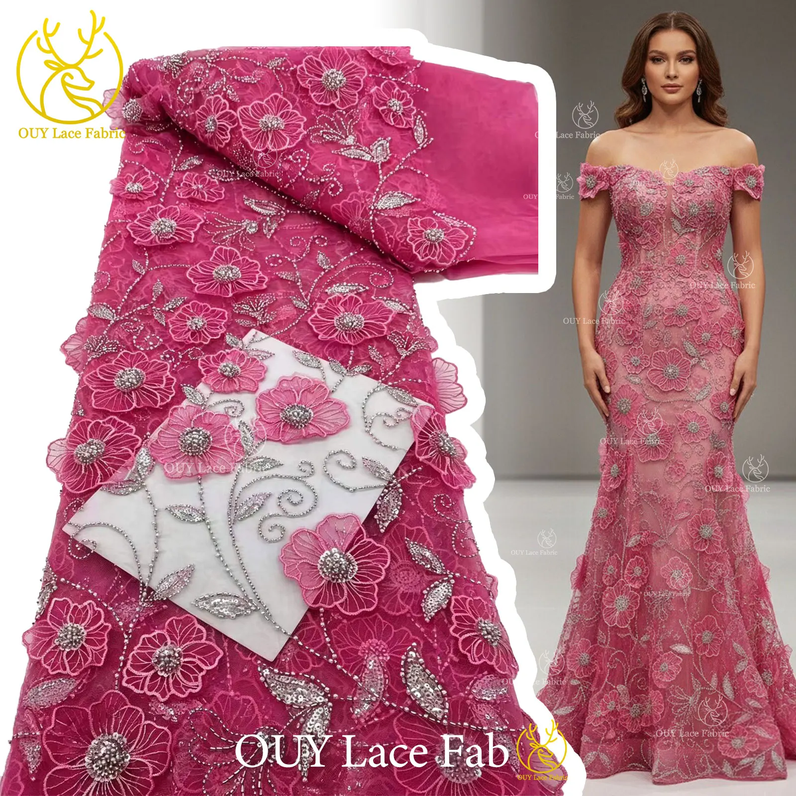 

Elegant Nigerian 3D Flower Embroidery Lace Fabric 2026 High Quality African Beaded Sequins Lace Fabric For Evening Party Dress