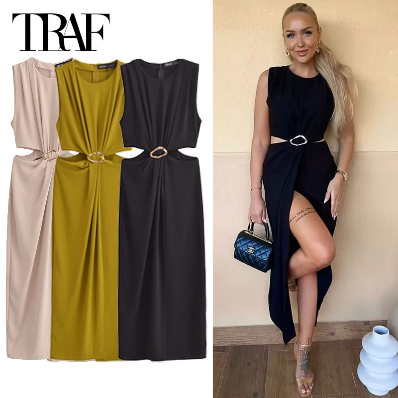 

TRAF Women's Dress Buckles Cut-Out Dresses Elegant Party Dresses Black Green Khaki Dress Midi Sleeveless O-Neck Sexy Vestidos