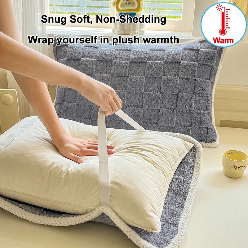 Plush Warm Flannel Pillowcase,Grid Textured Fuzzy Pillow Cover with Fixing Strap,Snug Soft Non-Shedding Thick Fluffy Pillow Case