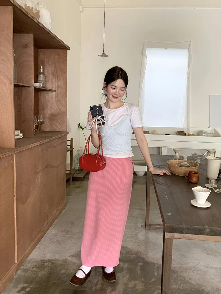 

Новая модная женская летняя юбка миди в корейском стиле, приталенная, в полоску, А-силуэта, розовая, из полиэстера