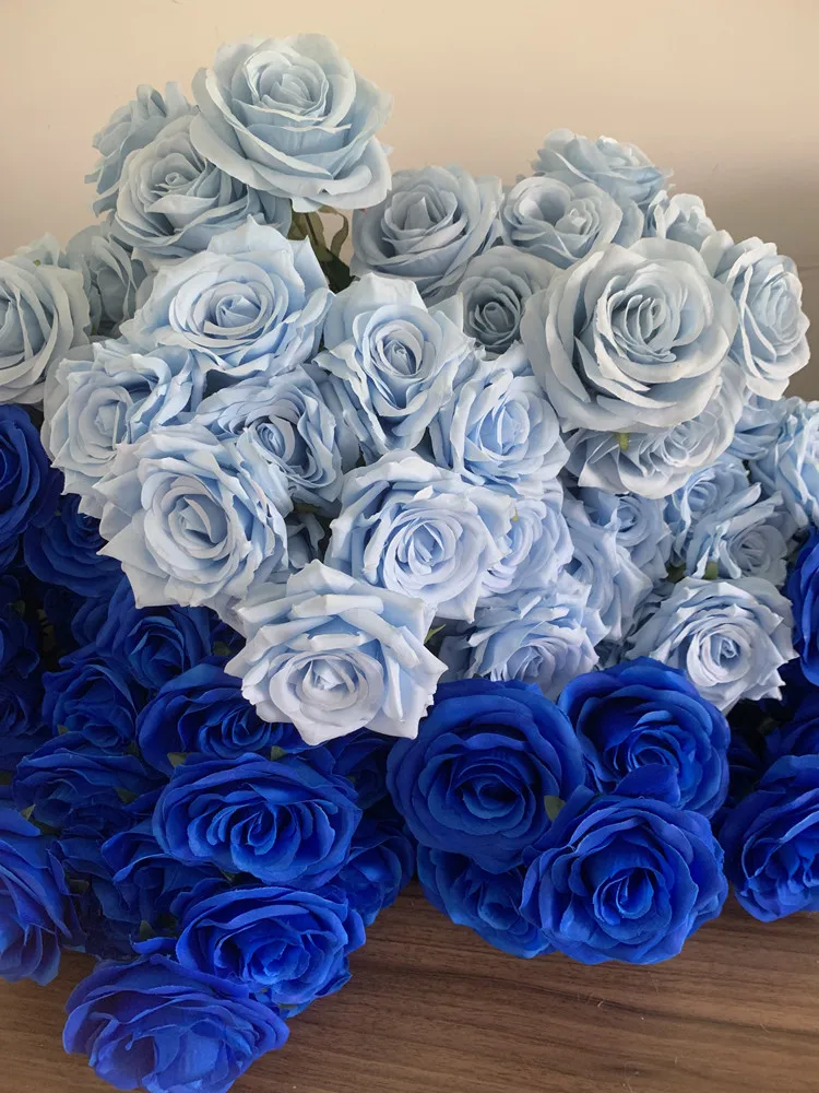 9 Köpfe Rosenstrauß Künstliche Blume Hellblau Königsblau Tiefblaue Rose Fake Rose Wohnzimmer Dekoration Hochzeit