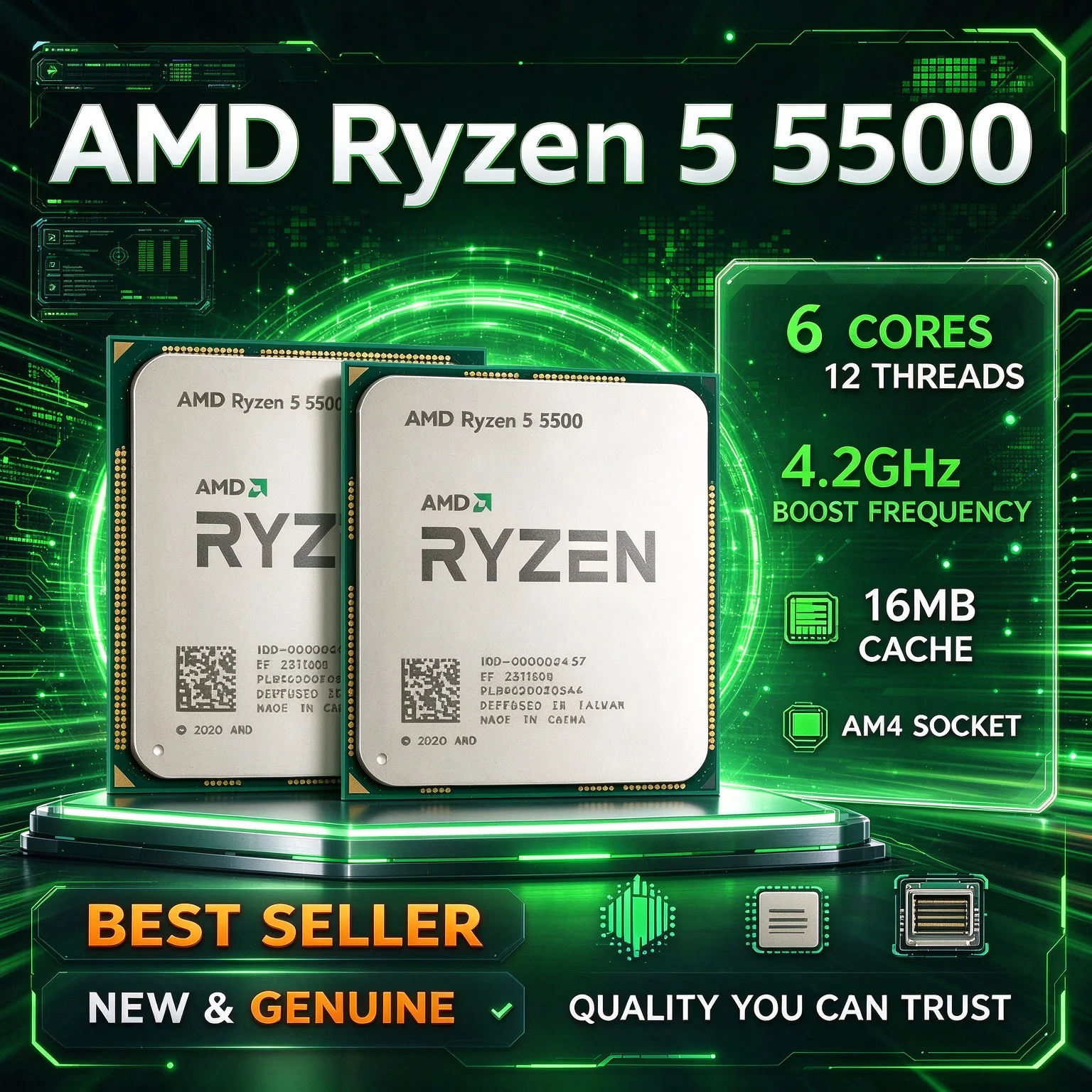 16MB L3 AMD Ryzen 5 5500 AM4 CPU 6 Cores 12 Threads 4.2GHz Boost Frequency 65W TDP Processor Without Fan Cooler