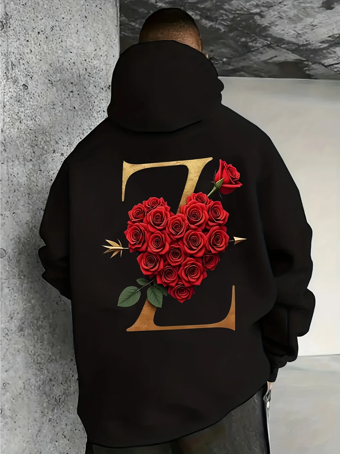 Men's Oversized Hoodie with 3 Rose Heart Shapes and Letter Z Print - Long-Sleeved Casual Pullover, Machine Washable, Regular Fit, Suitable for Casual Wear, Warm Hoodie for Cool Weather