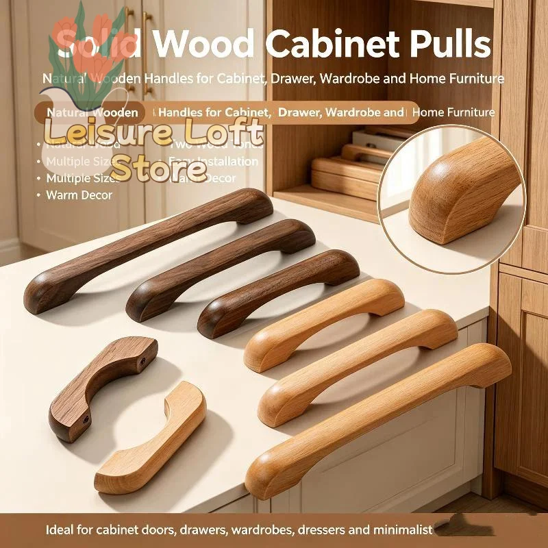 Easy Install Wooden Drawer Pulls Natural Eco-friendly Cabinet Handles for Dresser Wardrobe Kitchen Furniture Replacement
