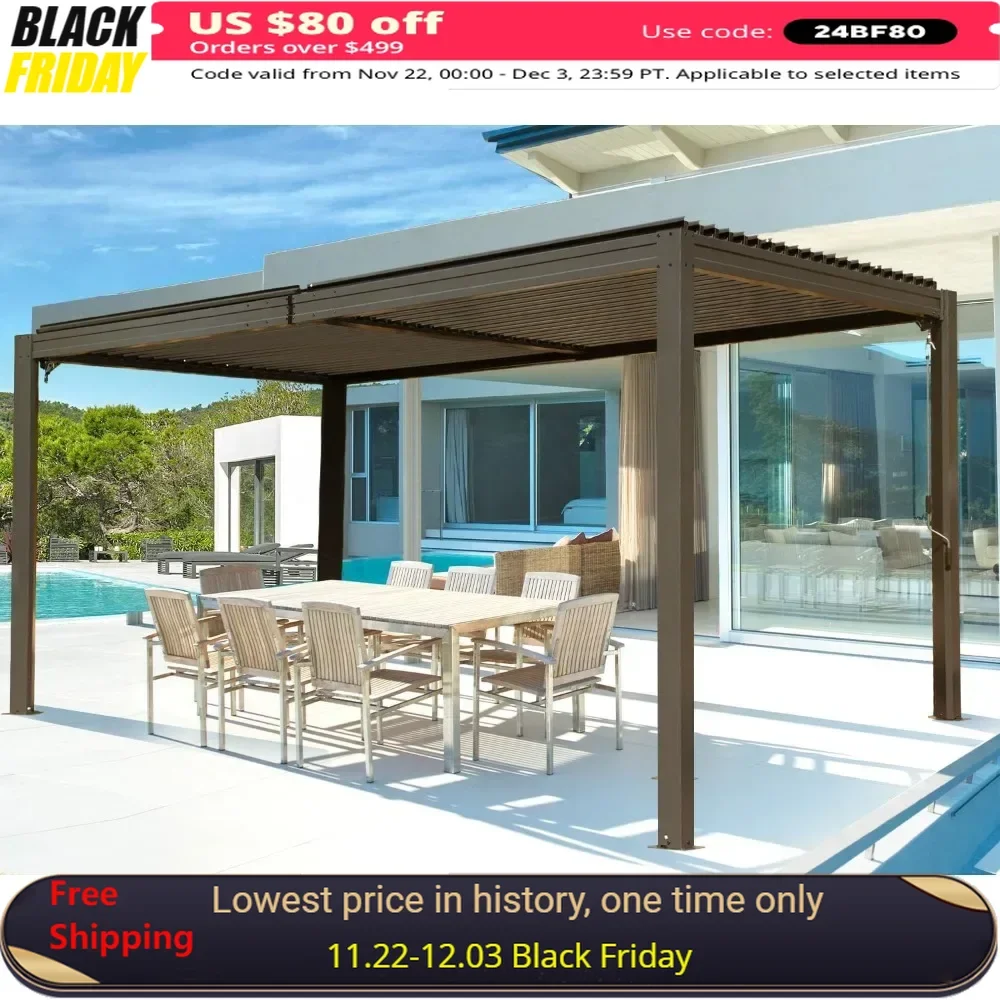 10X16FT Pergola , Aluminum Pergola with Adjustable Louvered Roof and Drainage Gutter, Outdoor Pergola Gazebo