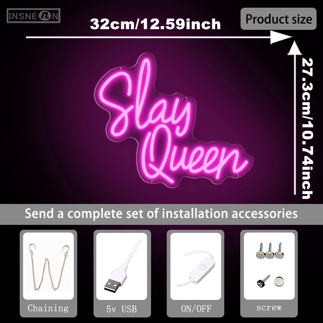 Slay Queen Neon Sign LED Zasilany przez USB Światło dekoracyjne na ścianę Idealne do sypialni Impreza Estetyczny pokój Walentynkowy wystrój Idealny prezent