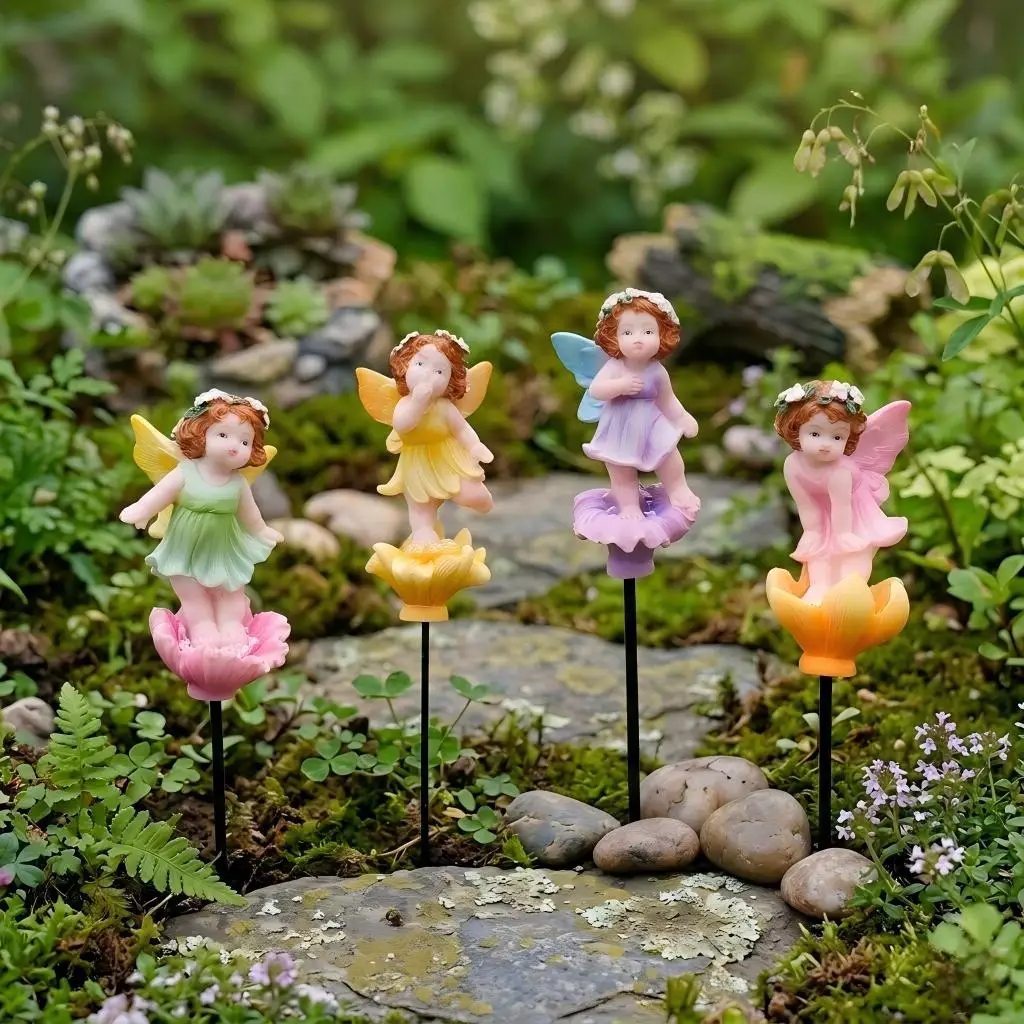 4Pcs Miniature Garden Fairy Figurines Outdoor Decor Resin Flower Fairy Statue Stakes for Potted Plants Yard Art Lawn Ornament