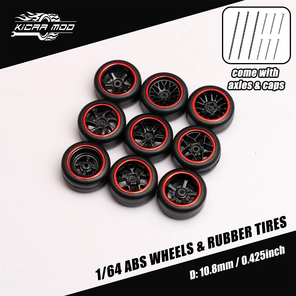 1/64 Model Car Black Red Circle Wheels with Fixed Rubber Tires Comes with Rivets for Diecast Model Refitting Parts 4pcs 1set