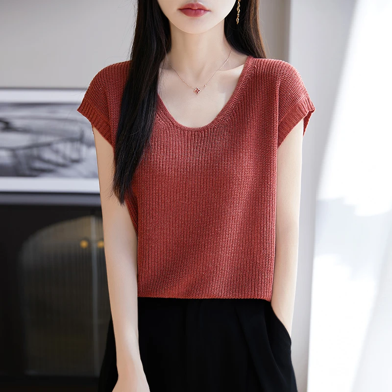 

Summer thin hollowed out linen Lessel knit vest for women, simple new style, loose and lazy round neck top t-shirt