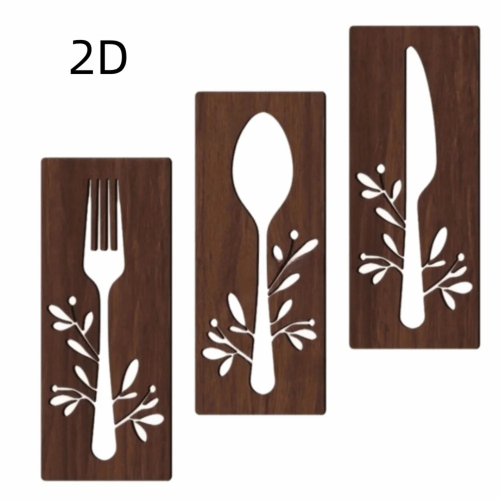 3pcs Fork Kitchen Utensil Wooden Ornament Hollow Out Decorative Wall Sticker Hangings Spoon Rustic Style