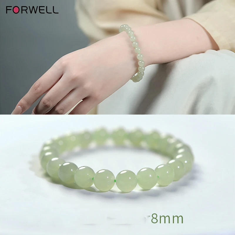 FORWELL Natural Hotan Jade Bracelet 8-12mm Clear Water Jade Beads for Women And Men Jadeite Bead Wristband