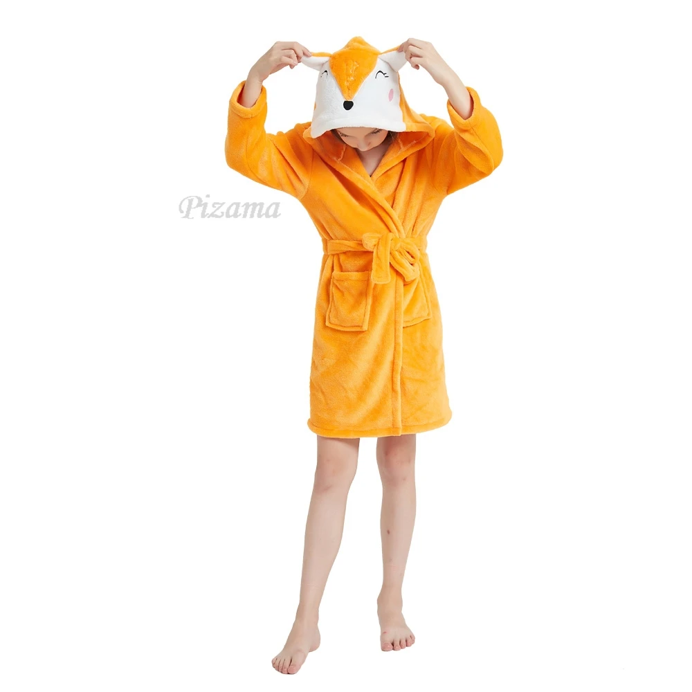الفتيات والفتيان الثعلب Kigurumi الحيوان الكرتون البشاكير شتاء دافئ الفانيلا روب استحمام مع حزام بيجامات أطفال ملابس خاصة Homewear