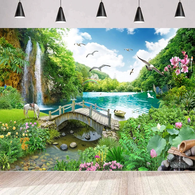 Photography Backdrop Tropical Landscape Mountain Forest Trees Waterfall Lake Flowers Birds Horse River Bridge Background Wall