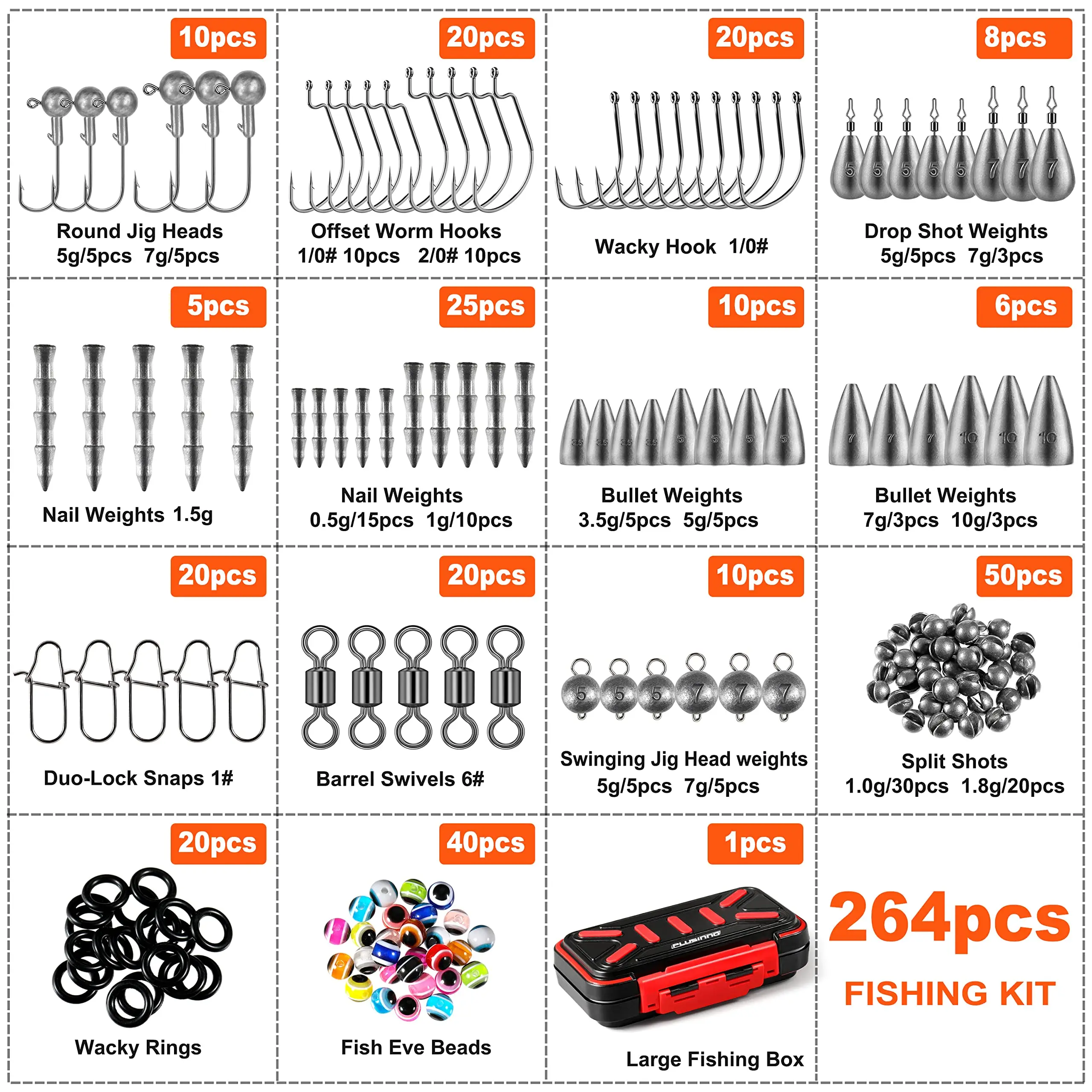 PLUSINNO 264pcs Fishing Accessories Kit, Organized Fishing Tackle Box with Tackle Included, Fishing Hooks, Fishing Weights S