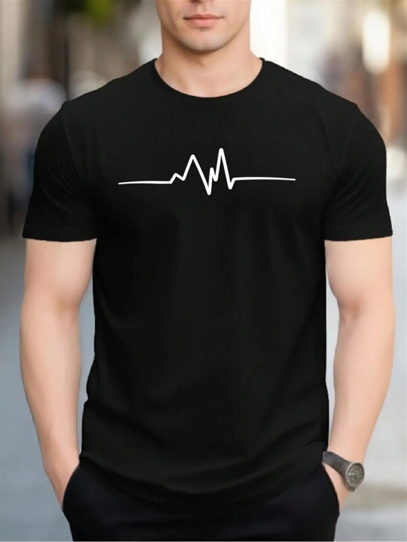 

Men's Black Short Sleeve Crew Neck Graphic Tee White Heartbeat ECG Design Casual Daily Wear Streetwear Style Regular Fit