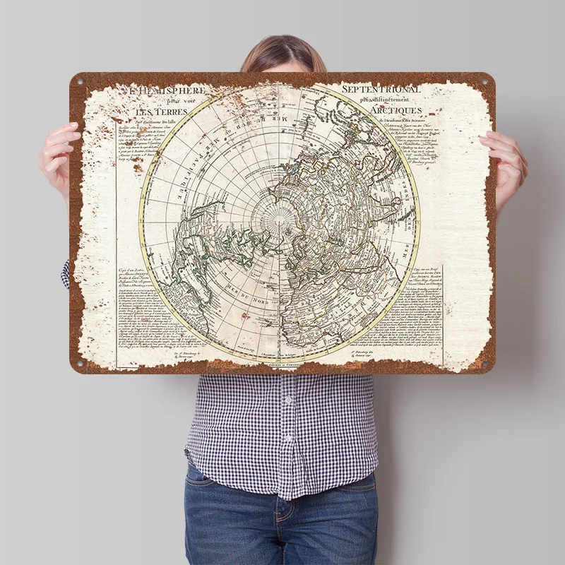 Antique Arctic Hemisphere Map Poster Customized Wall Art Vintage Metal Signs Retro Tin Plaque for Man Cave Coffee Bar Desk Decor