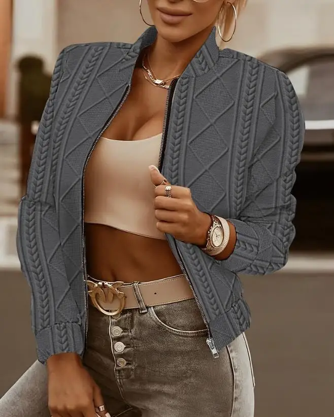 

Women's 2024 Summer Cardigan Jacket 2024 New Arrivals Baseball Collar Zipper Design Wheat Textured Casual Coat Basic