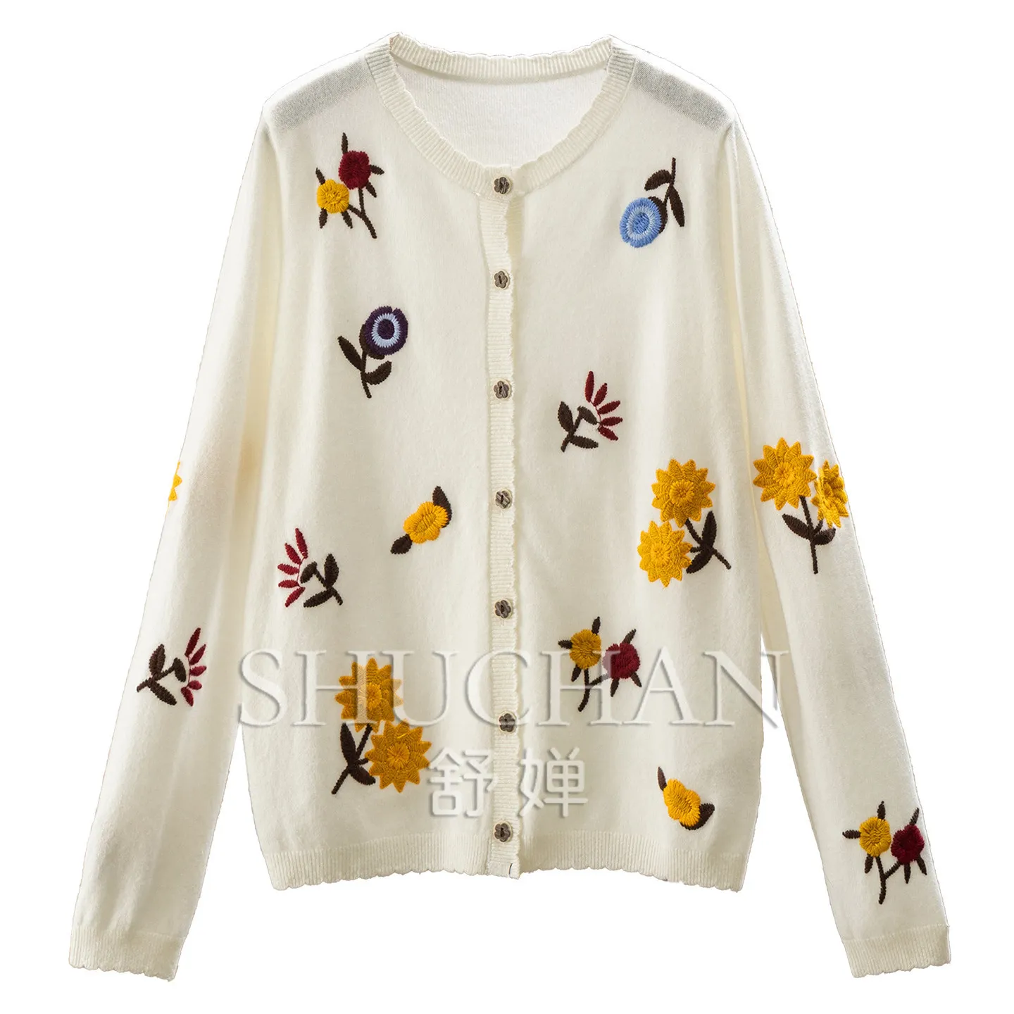 Vintage Flower Sweater 210g High Luxury 100% Cashmere Flower Embroidery Long Sleeve Sweater Cardigan Women's 93W7