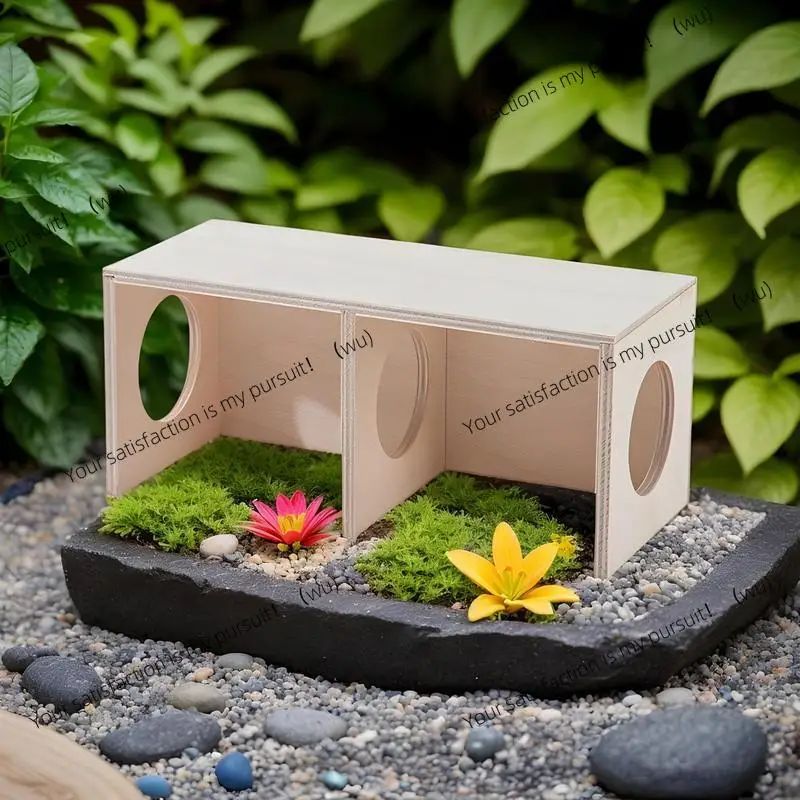 Solid Wood Hideaway House For Hamster Squirrel rabbits Small Pet 2-Chamber Tunnel Hiding Place Small Animal Cage Accessories