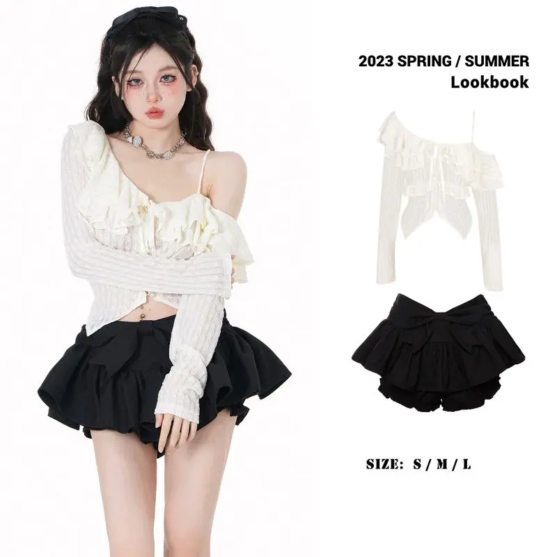 

Ruffles Chiffon Shirt Thin Slim Off Shoulder Women Crop Top Cardigan Single Breasted Korean Fashion Summer Wholesale Skirt Set