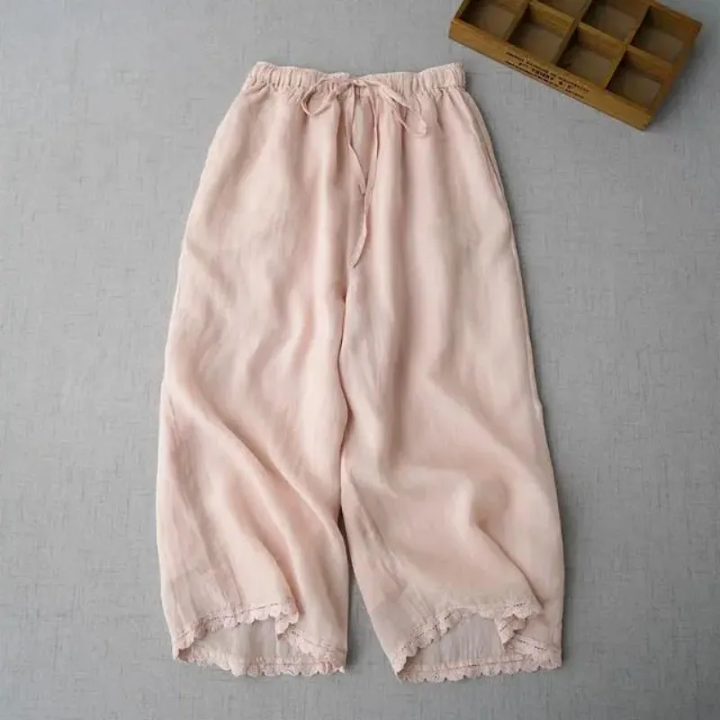 Women's Linen Wide Leg Pants Lace Trim Elastic Waist Casual Summer Trousers