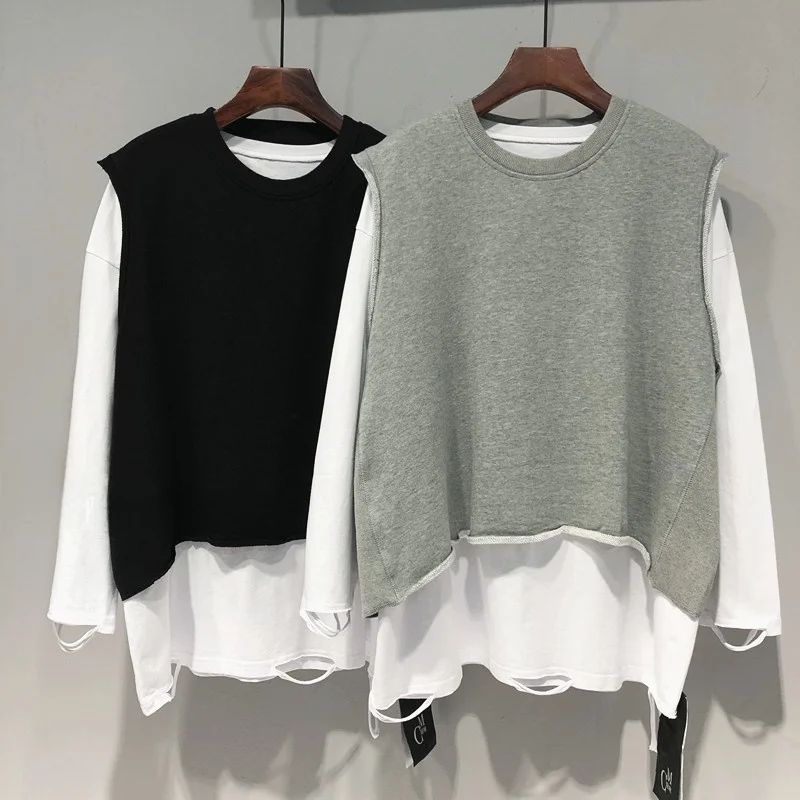 

Женский комплект из двух предметов: хлопковый свитер с круглым вырезом и футболка с дизайнерскими вырезами, свободный крой, базовый топ и брюки