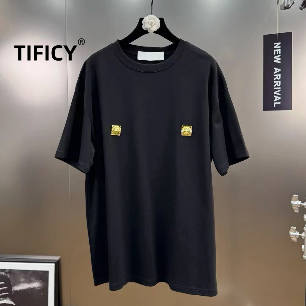 

High Street Tees Tshirts Tops Women's New Round Neck Short Sleeved Metal Lazy Style Minimalist Versatile Loose Fitting T-shirt