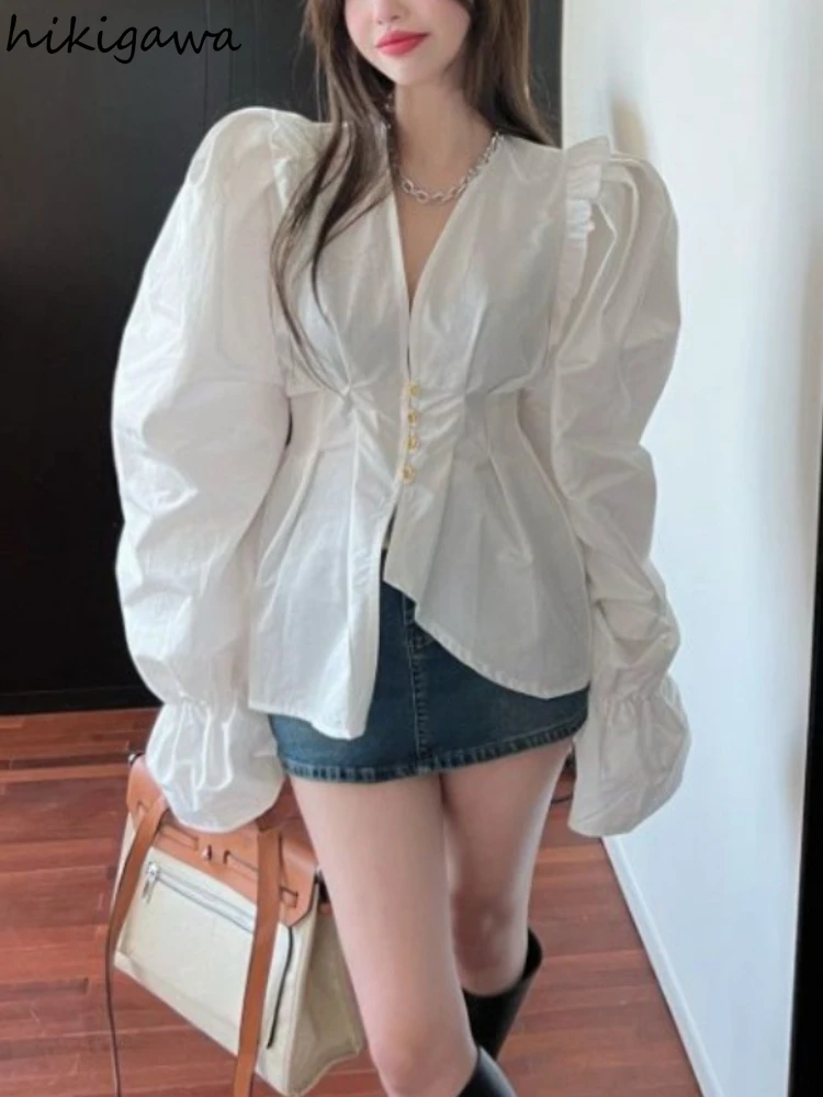 Chic Korean Shirts Women Clothing V-neck Puff Sleeve Blouses 2023 Blusas Mujer De Moda Tunic Ruffles Irregular White Blouse Tops