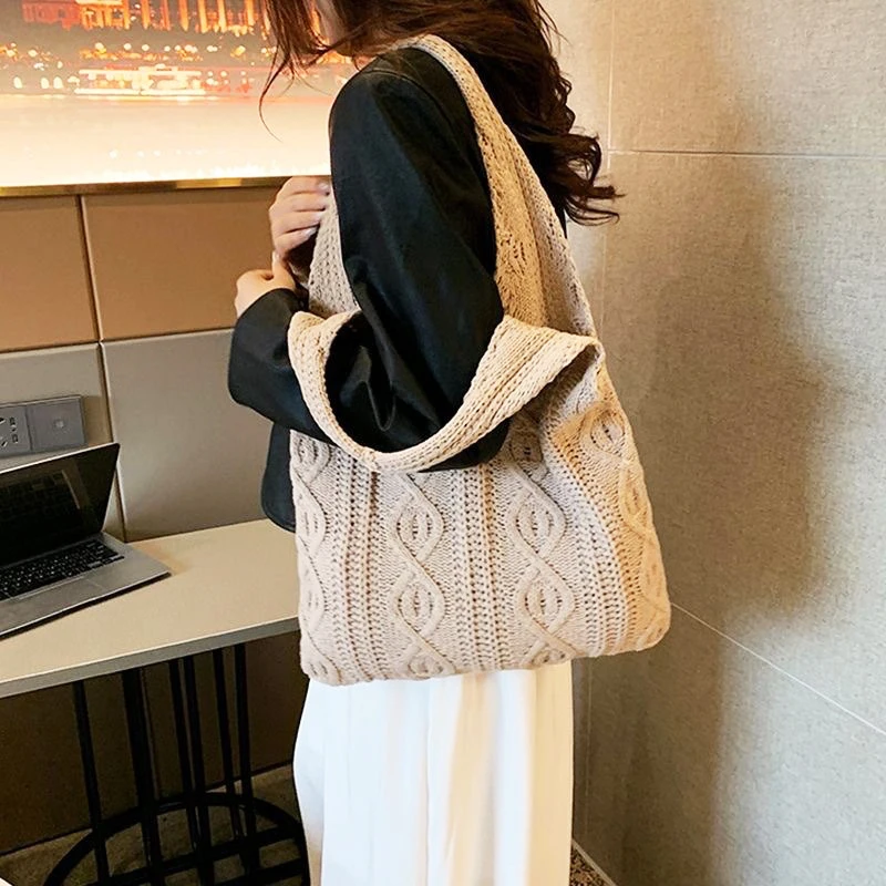 Wool Large Knit Bag Shoulder Shopping Bag For Women Vintage Cotton Cloth Girls Tote Shopper Bag Large Female Handbag Crochet Bag