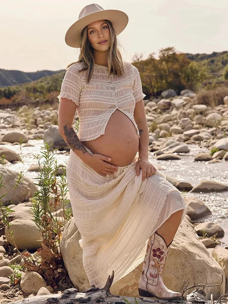Maternity Photoshoot Outfit Crop Top Skirt Set White Pregnancy Photo Clothes Outdoor Beach Natural Pregnancy Photo Costume view 2