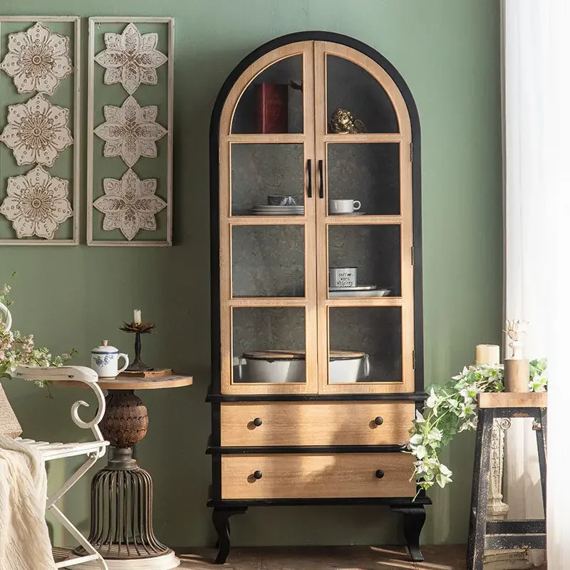 French vintage solid wood distressed glass cabinets, display cabinets, B&B entrance  arched wall-mounted wine cabinets,