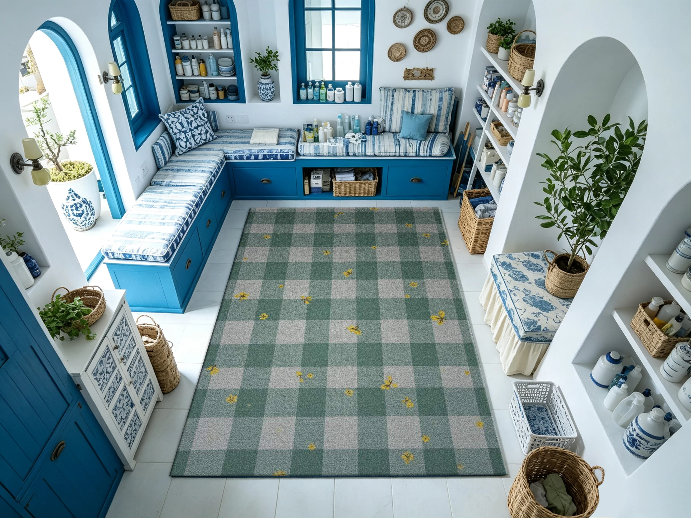 Green and White Checkered Carpet with Yellow Floral Pattern, Fresh and Rustic Farmhouse Style, Suitable for Living Room, Bedroom, and Home Decor.