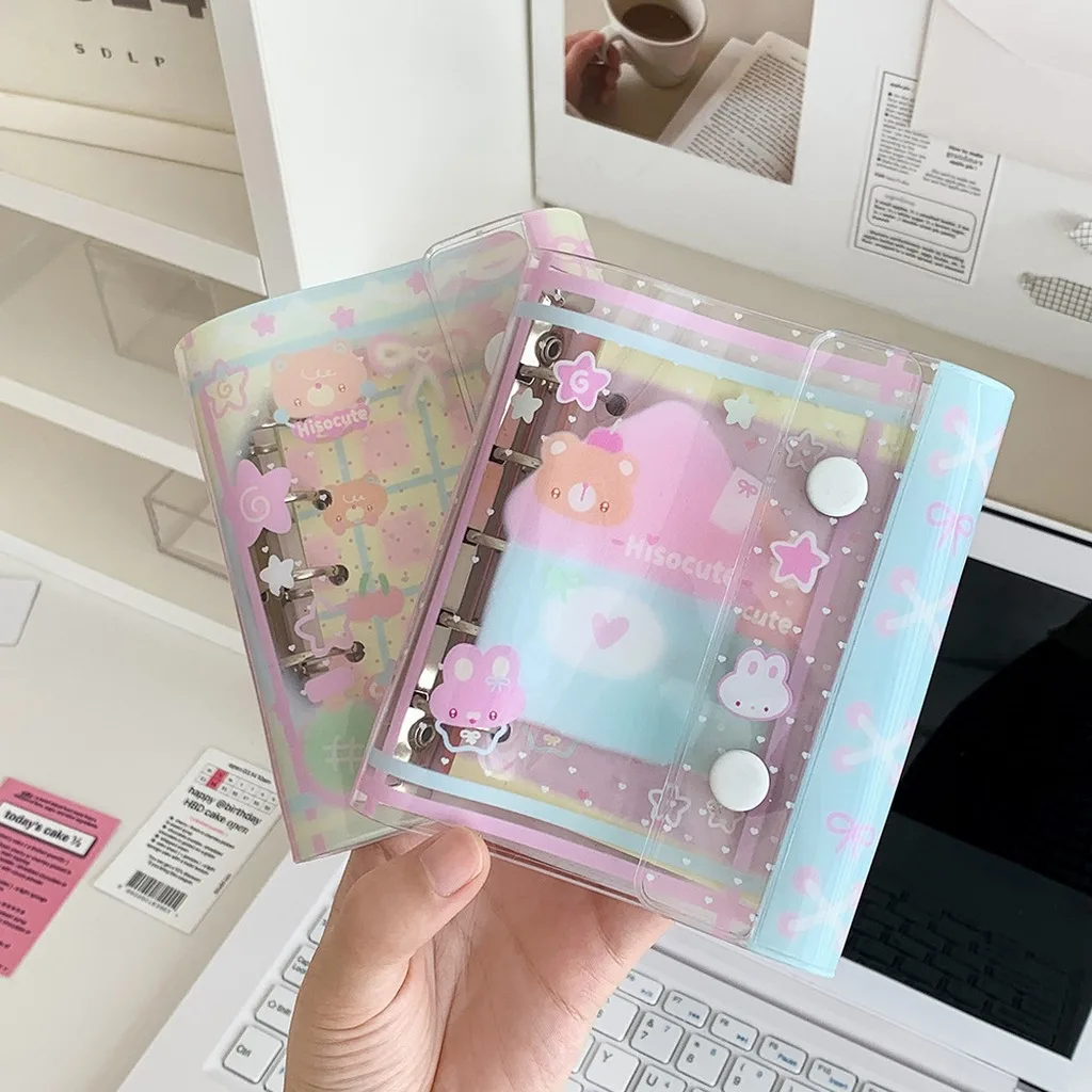 M5 Transparent PVC Loose-leaf Notebook, Cute Cartoon Refillable Portable Journal With Double Button Closure for Students