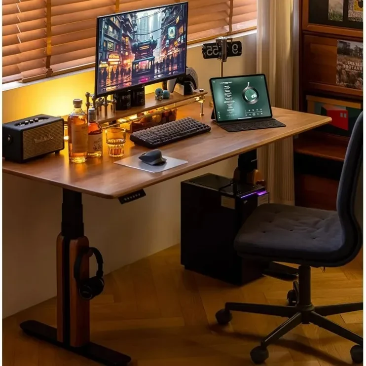 Electric lifting table solid wood desk, household cherry wood desk study table, computer table e-sports table household
