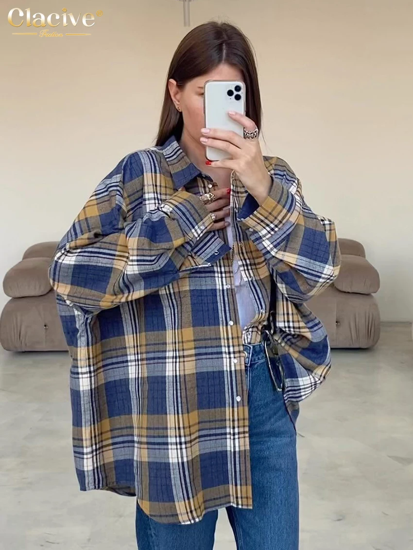 

Clacive Fashion Loose Plaid Women'S Blouse 2023 Elegant Lapel Long Sleeve Office Shirts And Blouses Vintage Oversize Top Female