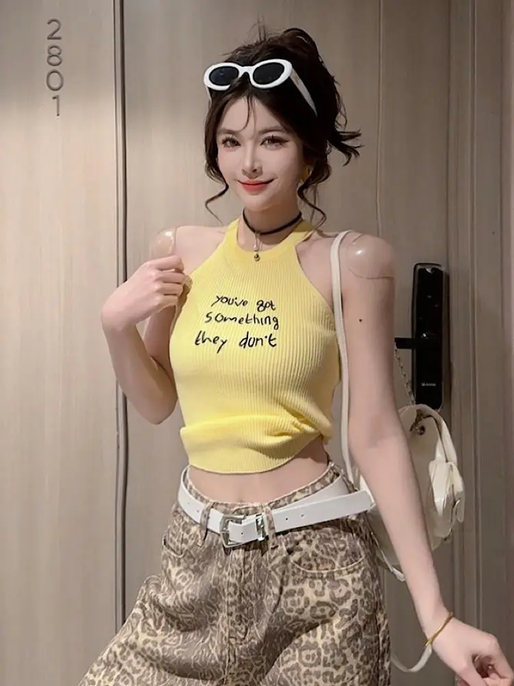 

Pure Desire ort Ice Silk Вязаный жилет Faionable Hanging Ne Slimming Yellow Svel Сексуальный топ Женский модный корейский S...