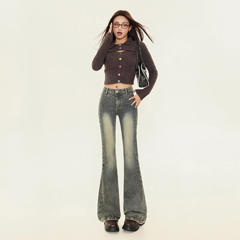 Boweylun New American Retro High Elastic High-waisted Jeans Women's Autumn Slim Flare Denim Trousers Full Length Pants Girls