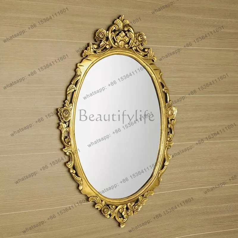 

American retro carved makeup mirror, French living room wall oval decorative mirror