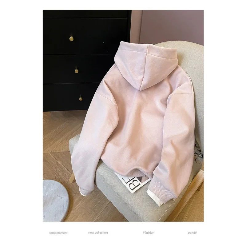 Felpa con cappuccio ispessita calda da donna in velluto ricamato casual allentato alla moda