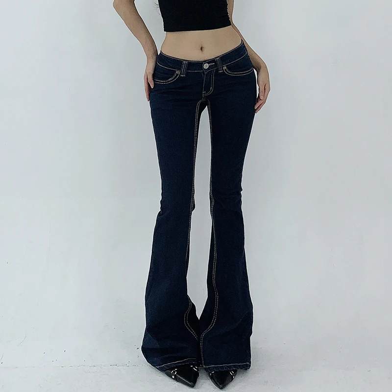 CIBBAR Casual Low Rise Blue Flared Jeans y2k Streetwear Skinny Elastic Denim Pants Korean Fashion 90s Trousers Women Basic Jeans