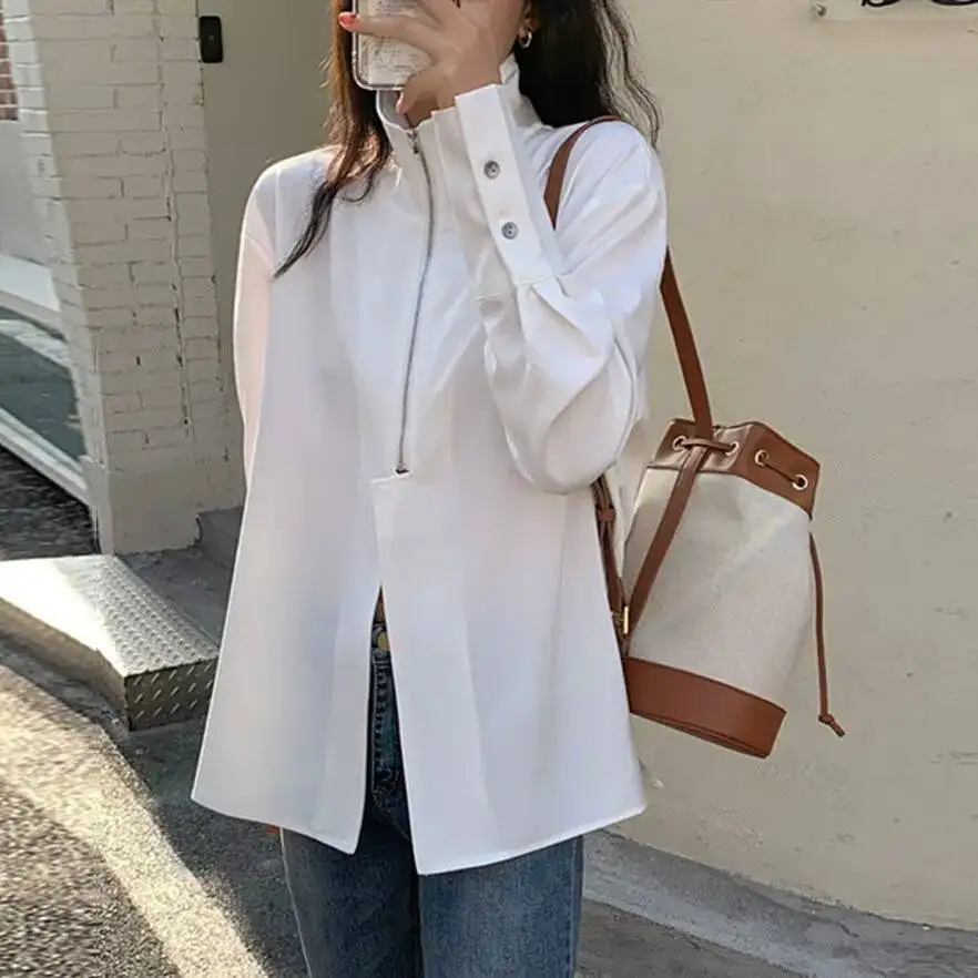 

Women Blouse Long Sleeve Stand Collar Zipper Closed Female Solid Color Orignal Design Loose Shirts Lapel Black White Tops