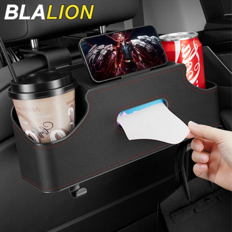 BLALION Car Multifunctional Leather Tissue Storage Box Auto Headrest Back Seat Paper Place Water Cup Hook Creative Car Supplies