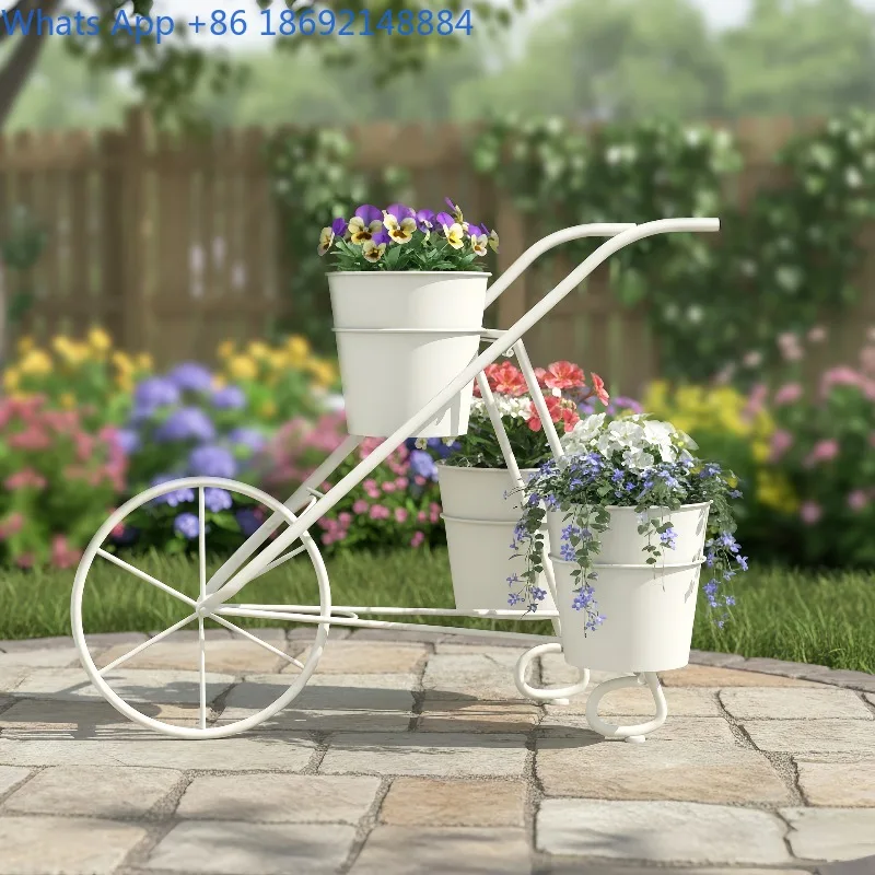 Simple Iron Art Vintage Hand-Pushed Cart Three-Bucket Flower Stand Ornament Courtyard Garden Decoration Outdoor Floor Stand