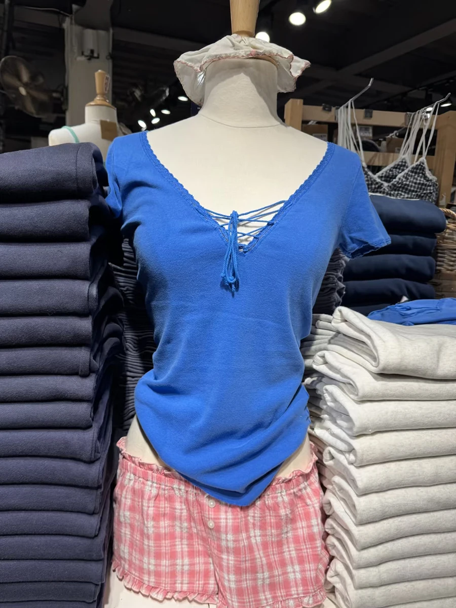 Electric Blue Bandage V-neck Slim T-shirt Woman Summer Short Sleeve Cotton Slim Tees Sweet Solid Simple Basic Tshirts Y2k Tops