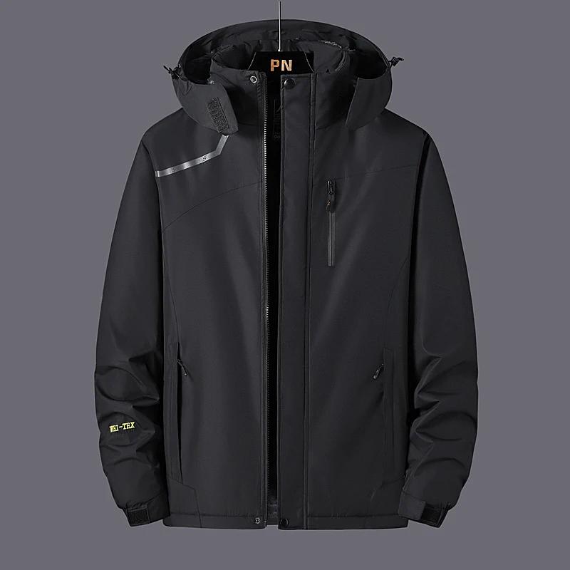 Outdoor Windproof Hiking Jacket for Men Fashion Thicken Warm Parkas Coats with Hood Solid Color Male Clothes Winter All-match