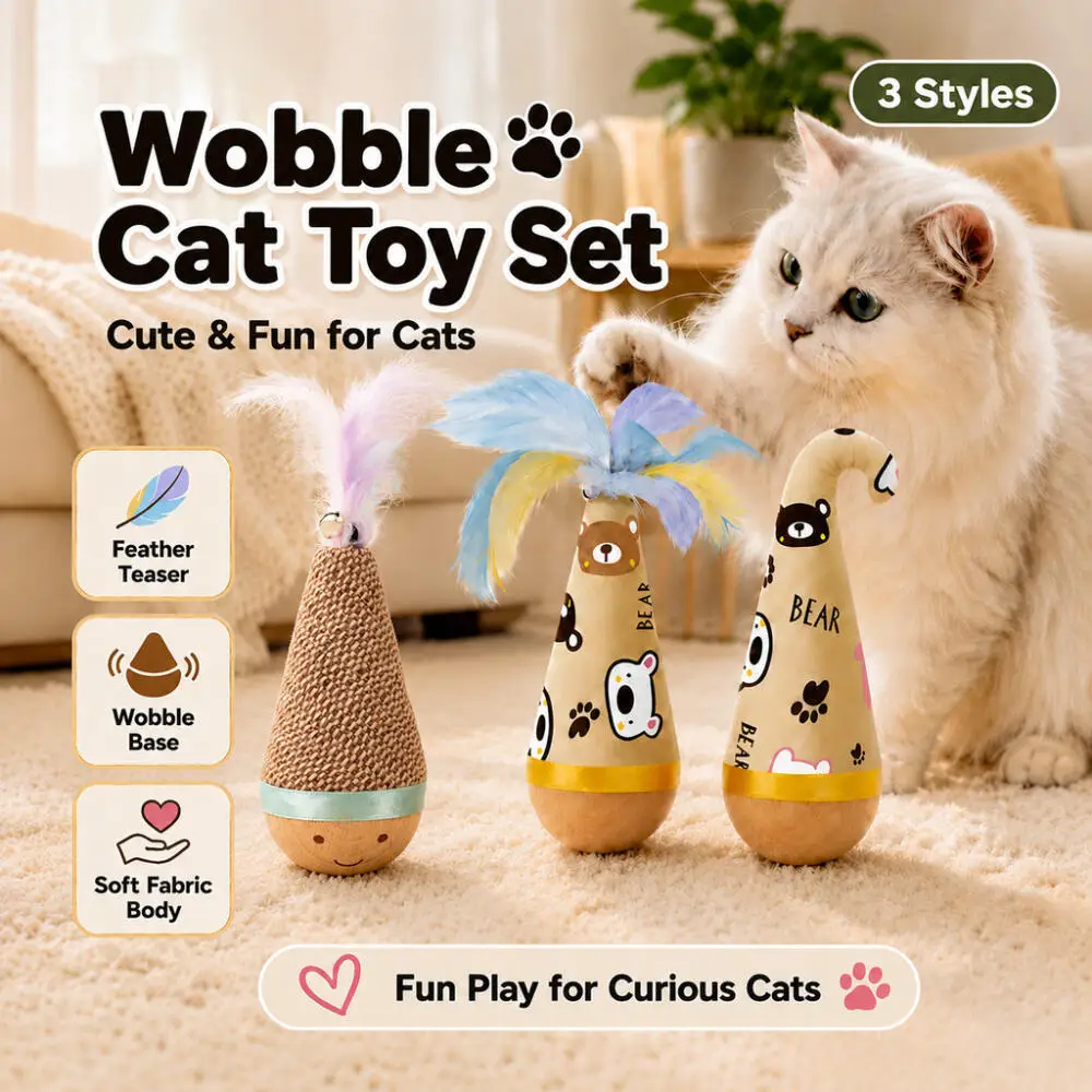 Interactive Wobble Cat Toy Natural Wooden Tumbler Feather Teaser for Indoor Kittens Self Playing Boredom Relief Exercise Pet Toy