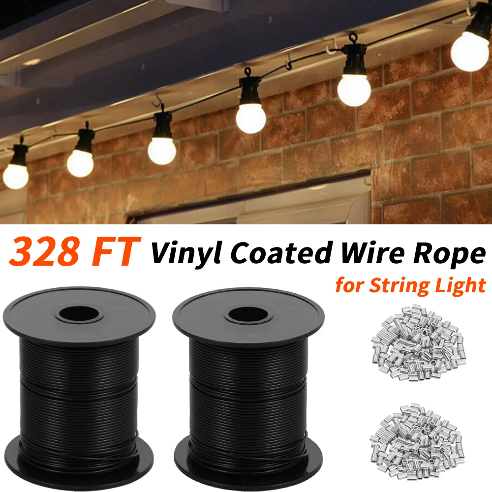 

2Rolls Black Vinyl Coated Wire Rope 328FT Safe Cuttable Cable with 300pcs Crimping Loop Sleeves for String Light Indoor Outdoor