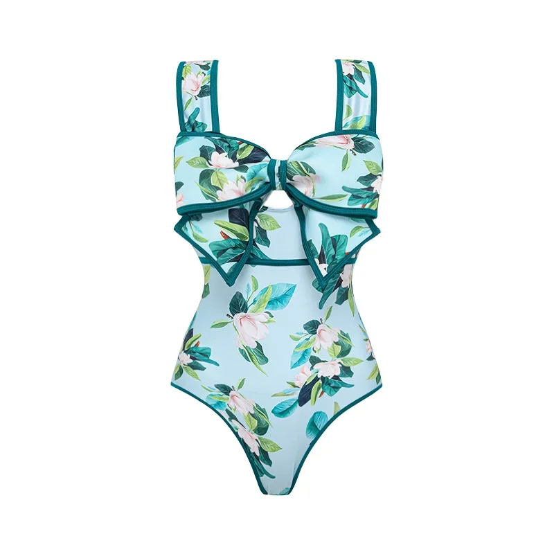 Bow Decor Mangnolia Print One Piece Swimsuit Women Beachwear Luxury Bathing Suit