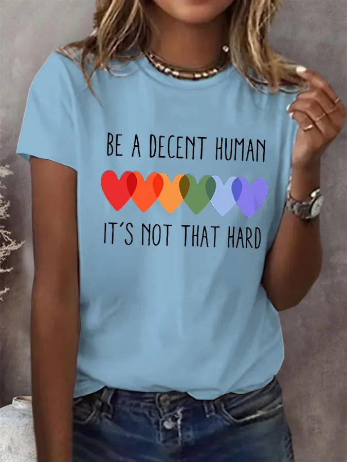ilstile Women's Be A Decent Human Crew Neck T Shirt Rainbow Heart Print Casual Summer Short Sleeve LGBTQ Pride Tees 7 Colors