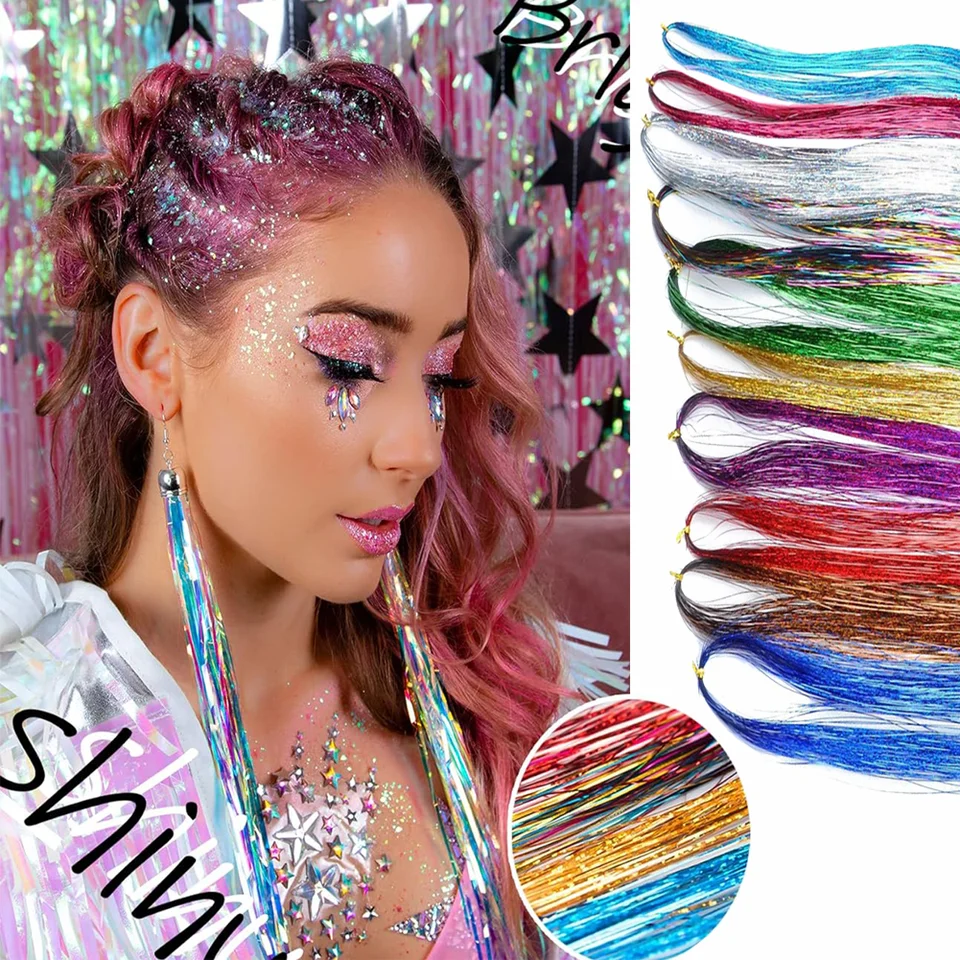 Tinsel para cabello (46 pulgadas, 5 piezas), extensiones para niñas y mujeres, hadas, holográfico sintético 4